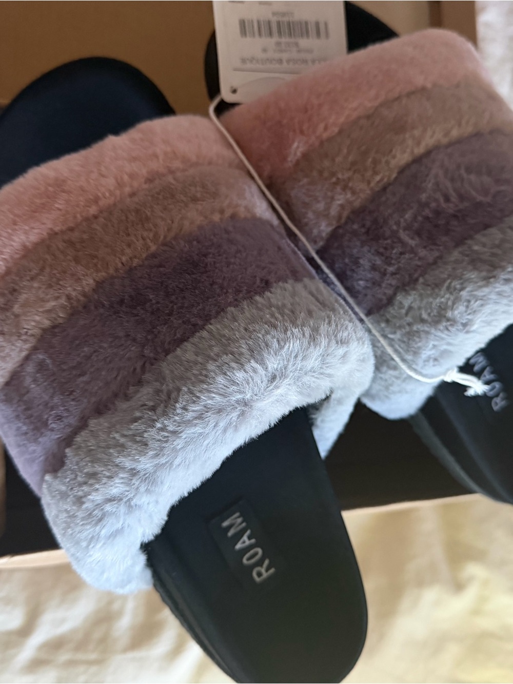 ROAM Striped Plush Slide Sandals in Pink, Purple & Gray